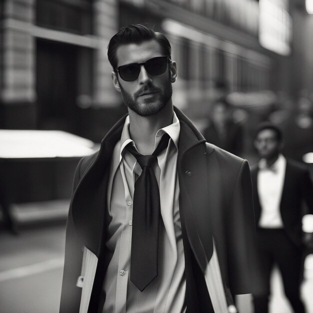 A young hipster man in black suit black beard and sunglasses modal pose