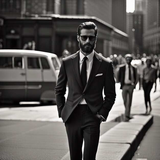 A young hipster man in black suit black beard and sunglasses modal pose