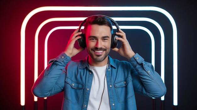 Young hipster man listening music with headphones at black studio with neon lights