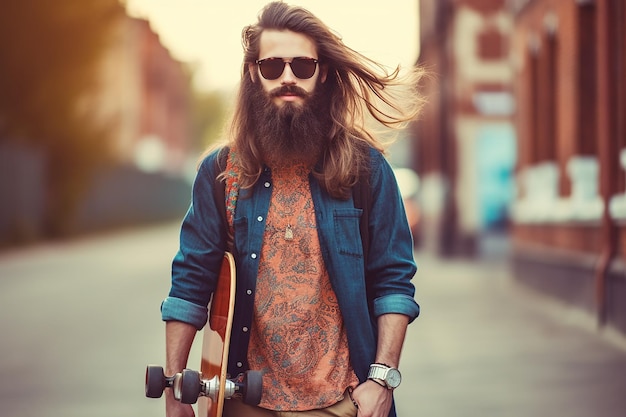 Photo young hipster skater standing with longboard