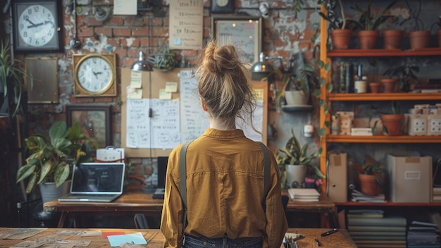 Young hipster woman in casual clothes sitting at the desk in the office