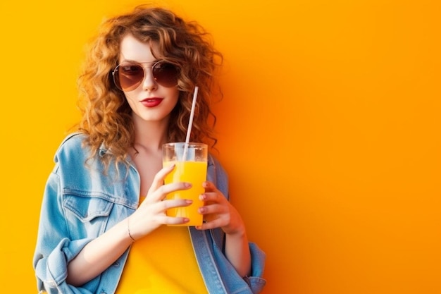 Young hipster woman with curly hair in sunglasses drinking fresh orange juice from bottle