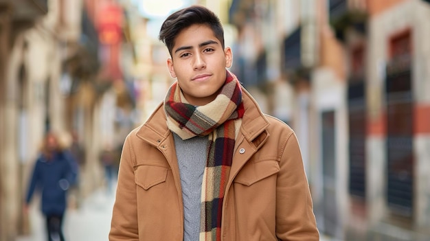 Young hispanic man in autumn clothing stands on street urban background