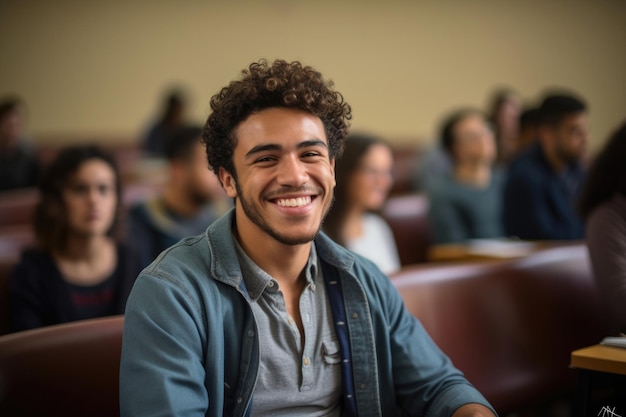 A young Hispanic man is sitting at a college meeting