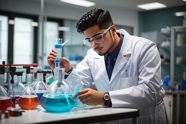 Young hispanic man wearing scientist uniform measuring liquid at laboratory