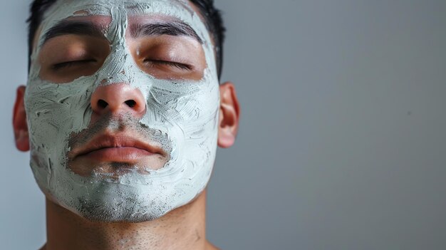 Young hispanic man with facial clay mask on his face studio background