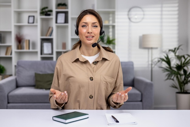 A young hispanic woman in a headset is sitting at the table at home and talking on a video call to