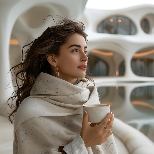 young hispanic woman holding a coffee cup while exploring modern architecture in doha qatar