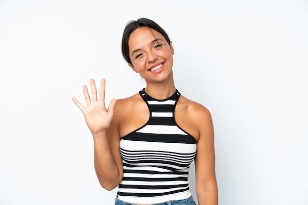 Young hispanic woman isolated on white background counting five with fingers