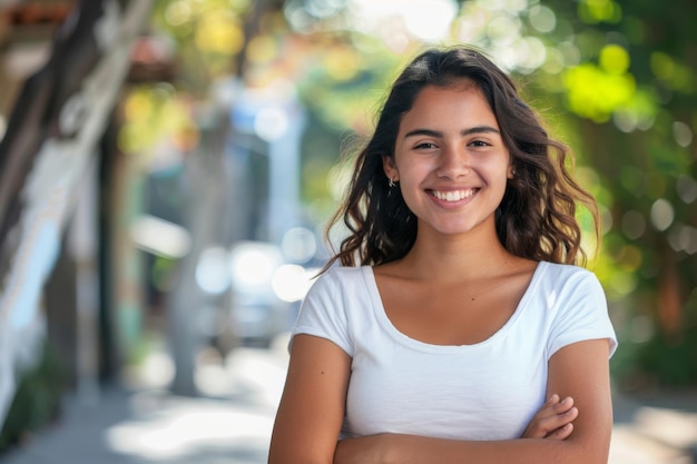 Young hispanic woman smiling happy with arms crossed at the city