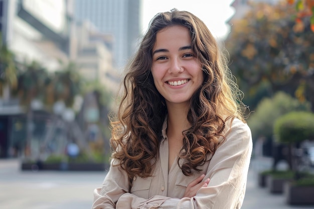 Young hispanic woman smiling happy with arms crossed at the city