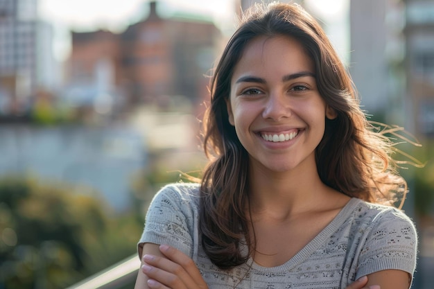 Young hispanic woman smiling happy with arms crossed at the city