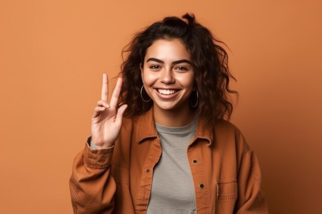 Young hispanic woman wearing casual clothes smiling looking to the camera showing fingers doing victory sign number two