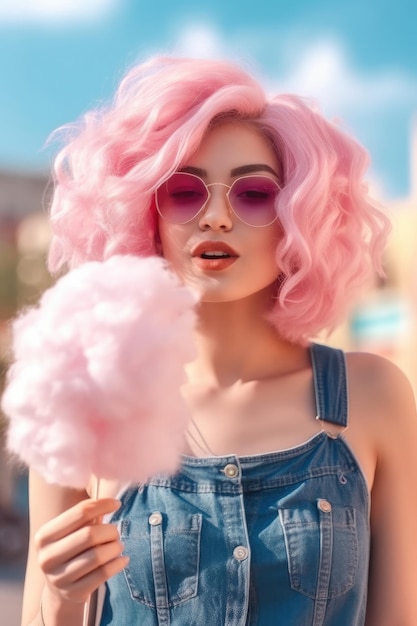 Young hispter woman with pink colored hair walking on the street eating cotton candy Generative AI