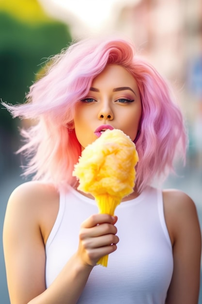 Young hispter woman with pink colored hair walking on the street eating cotton candy Generative AI