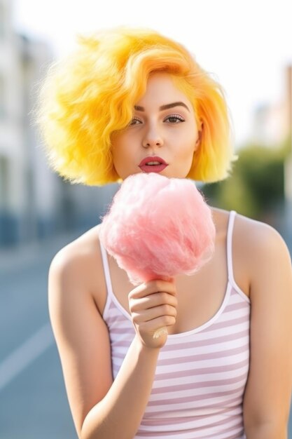 Young hispter woman with yellow colored hair walking on the street eating cotton candy Generative AI