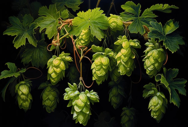 young hop leaves on a black background