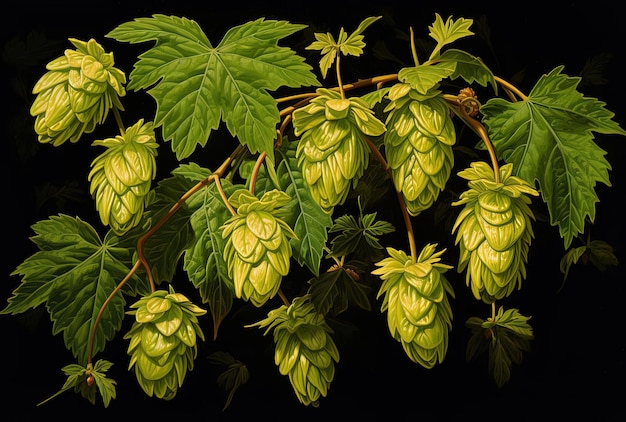 young hop leaves on a black background