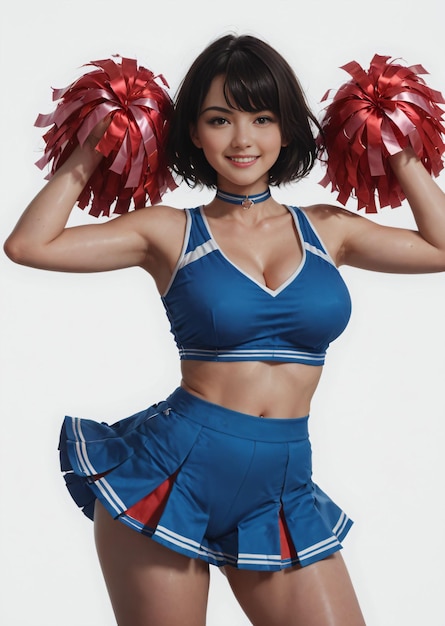 Young hot Cheerleader in blue cheerleader uniform holding pom pom in hands 7