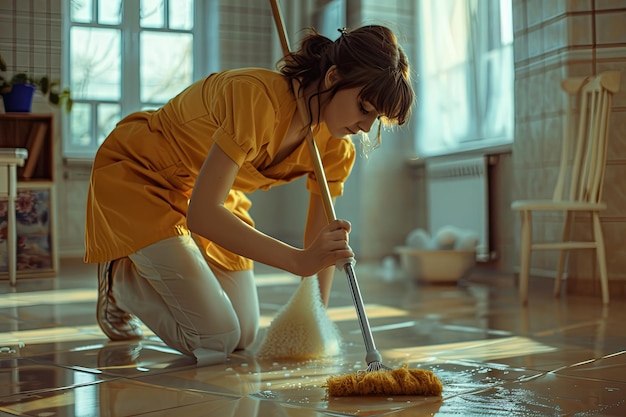 Photo young housekeeper cleaning floors with a broom