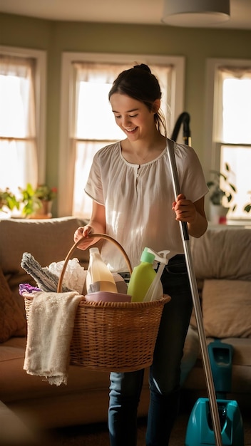 Photo young housekeeper female with cleaning supply