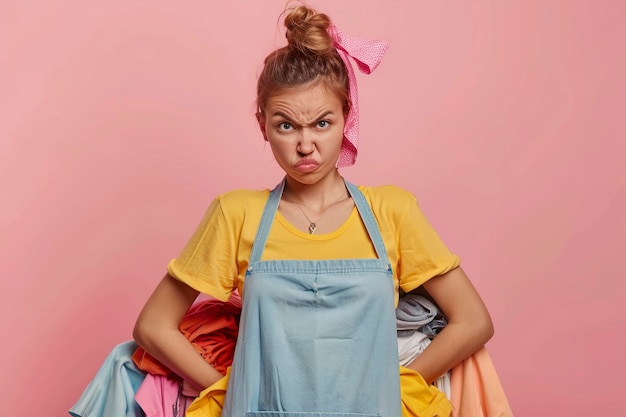 Photo a young housewife in apron disgusted by the smell of dirt