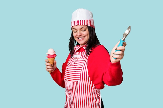 A young ice cream vendor in vintage attire holds a sweet cone smiling happily