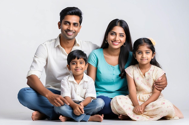 Young Indian Asian Family Sitting Isolated Over White Background