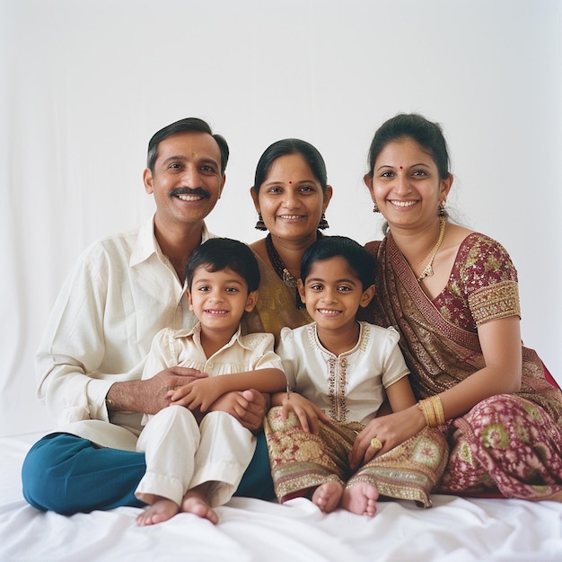 Young Indian Asian family sitting together isolated on a white background