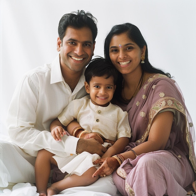 Photo young indian asian family sitting together isolated on a white background