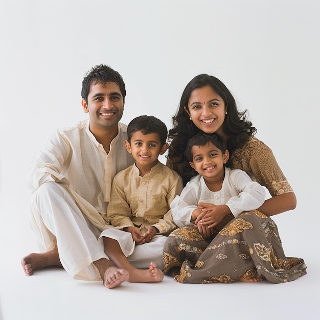 Photo young indian asian family sitting together isolated on a white background