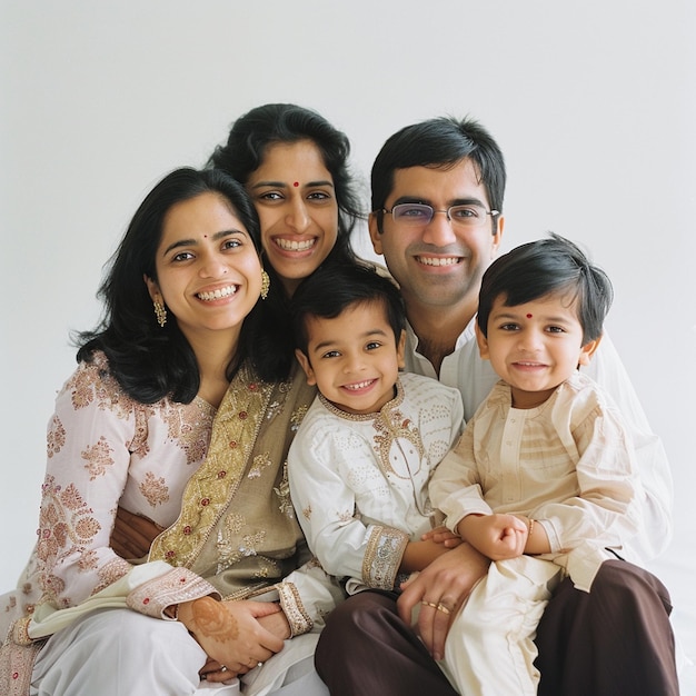 Photo young indian asian family sitting together isolated on a white background