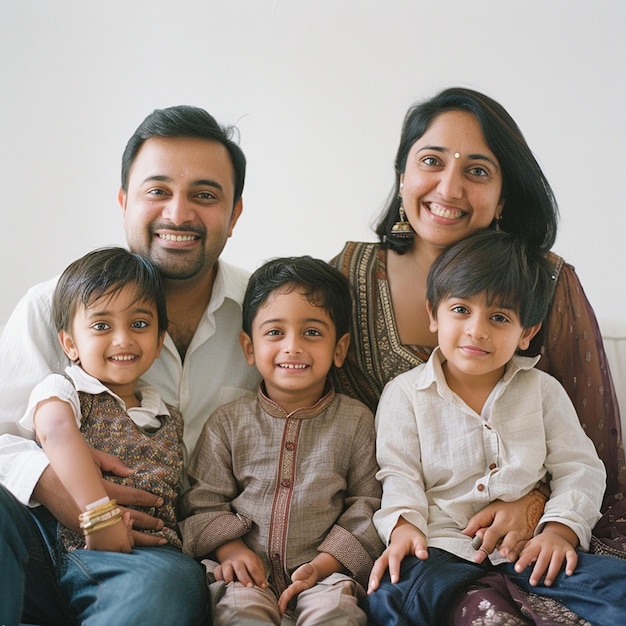 Photo young indian asian family sitting together isolated on a white background