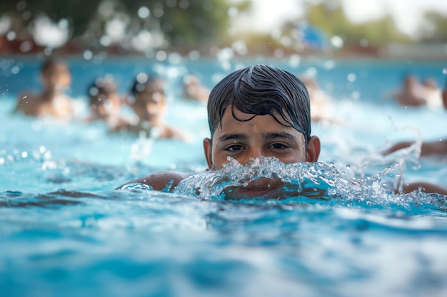 Young indian boy enjoys swimming in a pool with friends in the background