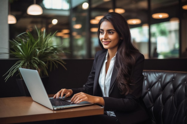 Young indian businesswoman or corporate employee using laptop