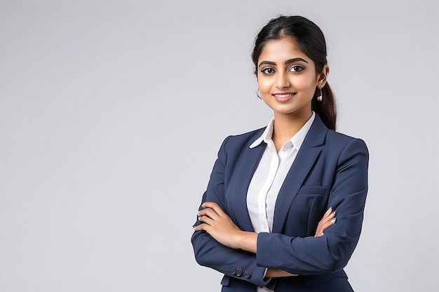 Young indian businesswoman or employee standing on white background