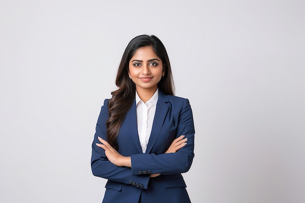 Young indian businesswoman or employee standing on white background