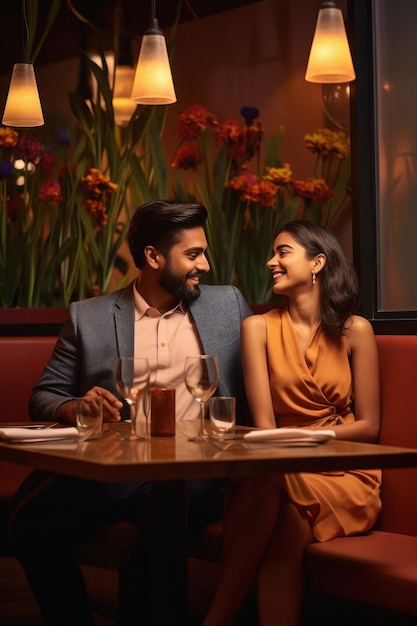 Young indian couple spending time together at restaurant