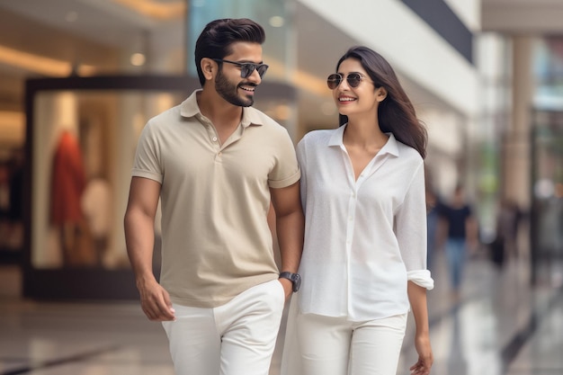 Young indian couple walking together at shopping mall