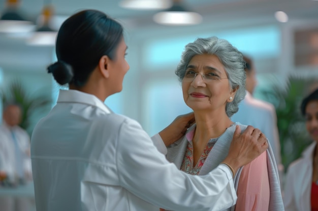 Photo young indian doctor supports older patient in modern clinic