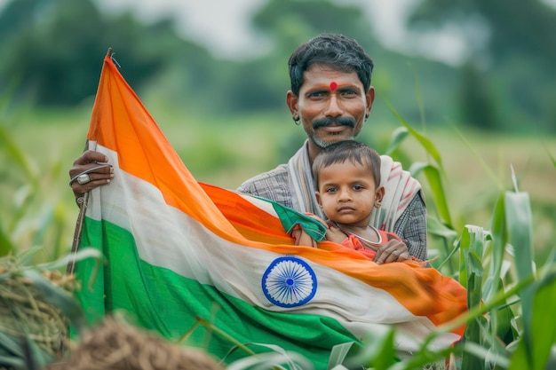 Young indian farmer and his child with indian flag on field