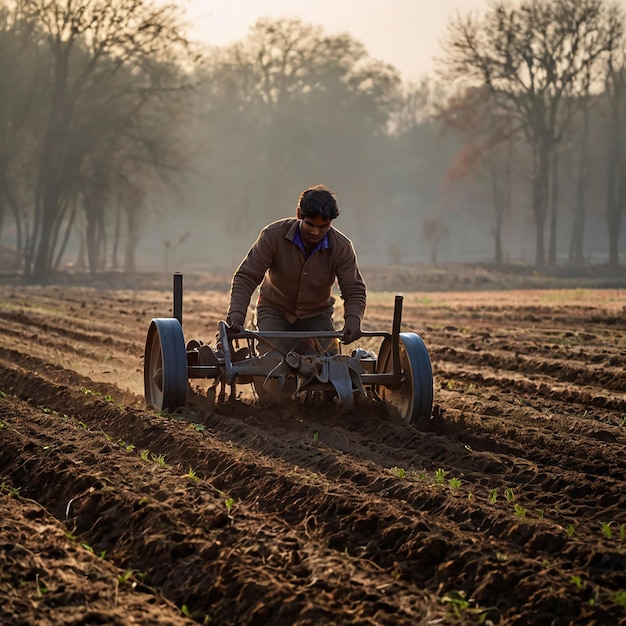 Photo young indian farmer plowing at field winter morning