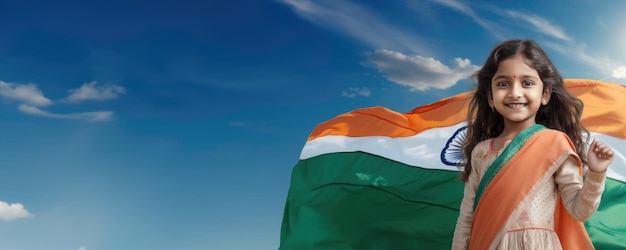 Young Indian Girl Proudly Displaying the Indian Flag