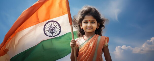 A Young Indian Girl Proudly Holding the National Flag