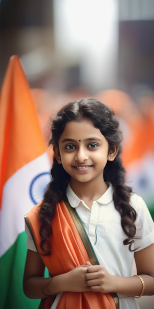 A Young Indian Girl Smiling and Wearing a Flag Sari