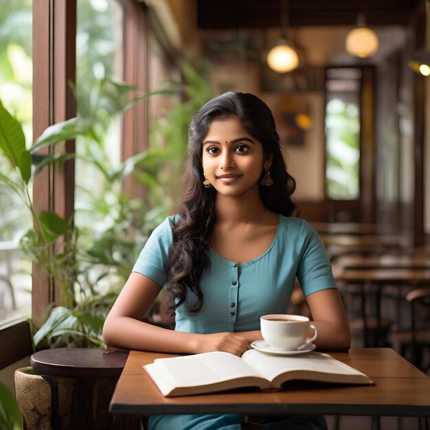 a young Indian Malayali girl as she enjoys a serene moment in a cozy cafe