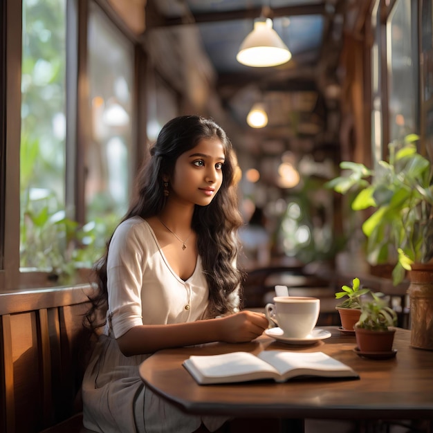 a young Indian Malayali girl as she enjoys a serene moment in a cozy cafe