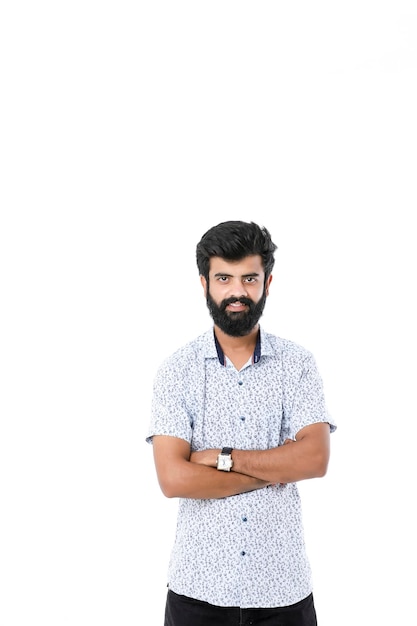 Young indian man giving expression over white background