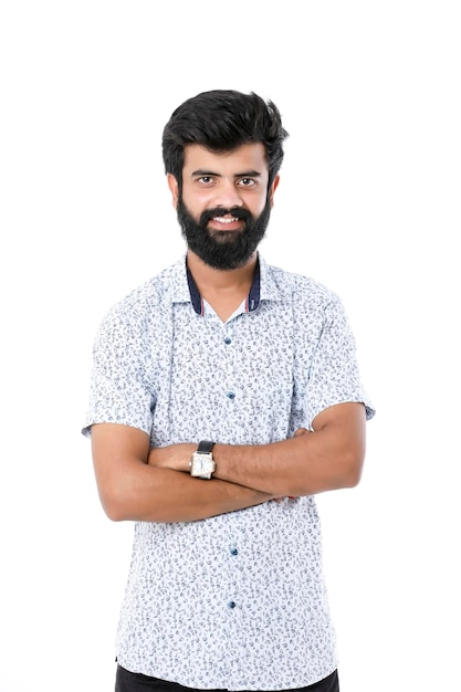 Young indian man giving expression over white background