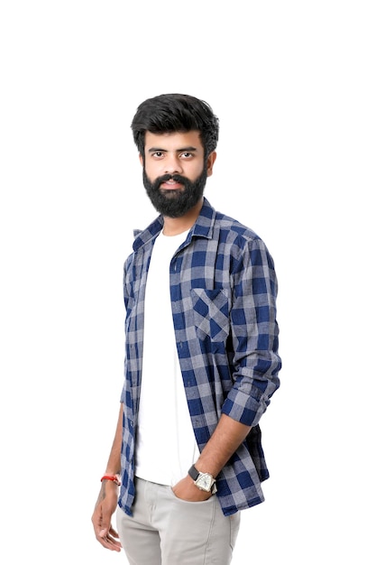 Young indian man giving expression over white background